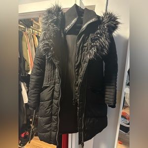 Black Winter Coat with Faux Fur Hood